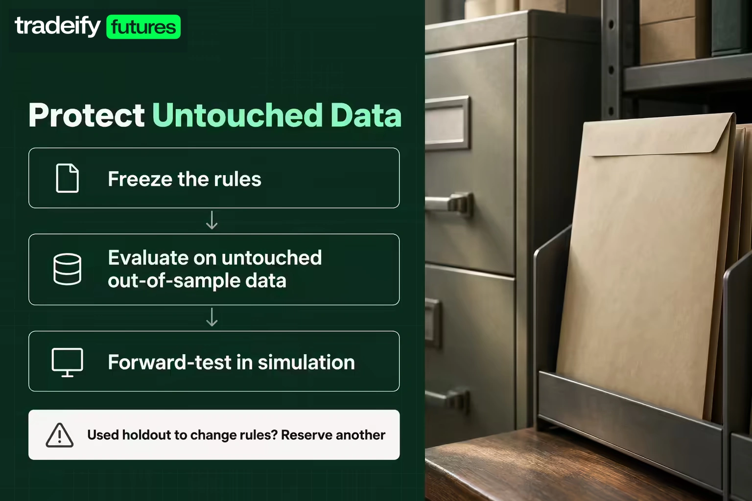 A validation workflow moves from frozen rules to untouched out-of-sample evaluation and forward simulation, with a warning that holdout-driven changes require new holdout data.