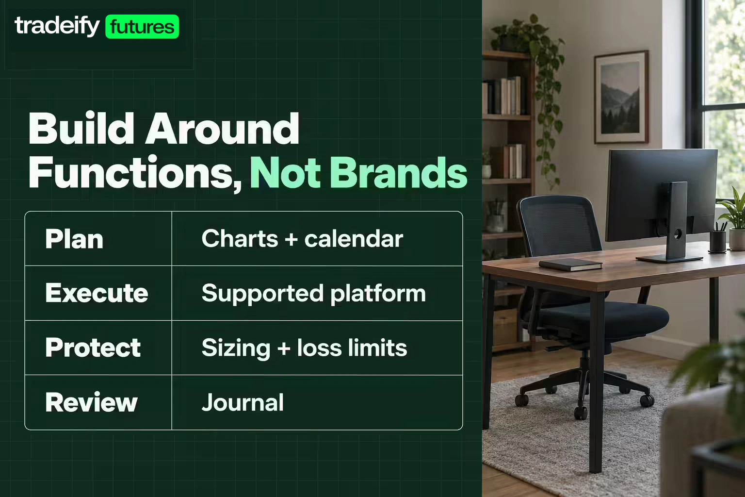 Four trading-stack functions mapped to tools: plan with charts and calendar, execute with a supported platform, protect with sizing and loss limits, and review with a journal.