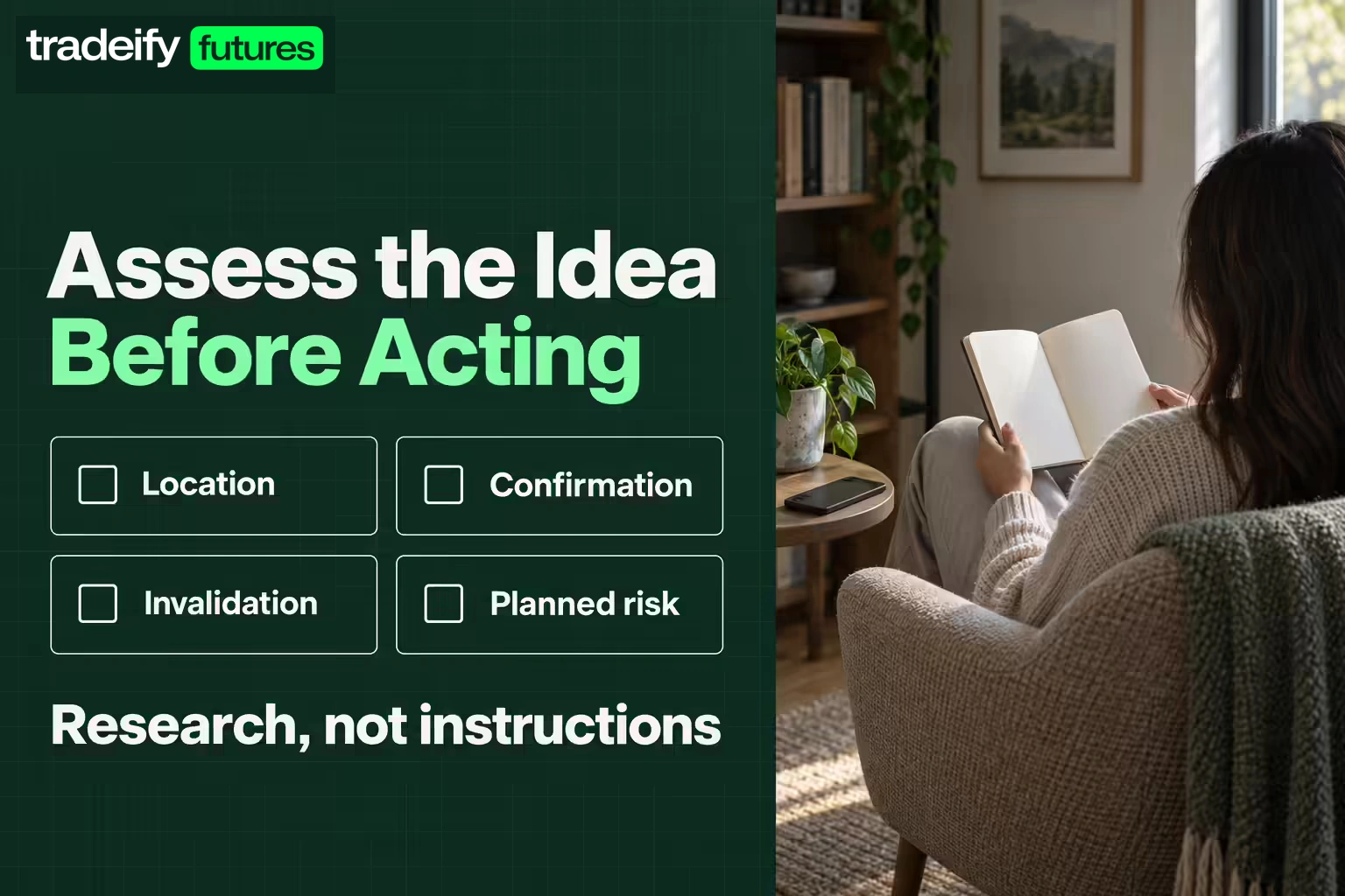A trade-idea assessment panel lists location, confirmation, invalidation, and planned risk, with a reminder to use chat for research rather than instructions.