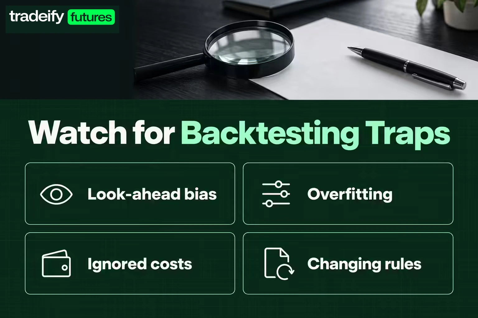 Four backtesting research risks shown as equal cards: look-ahead bias, overfitting, ignored costs, and changing rules.