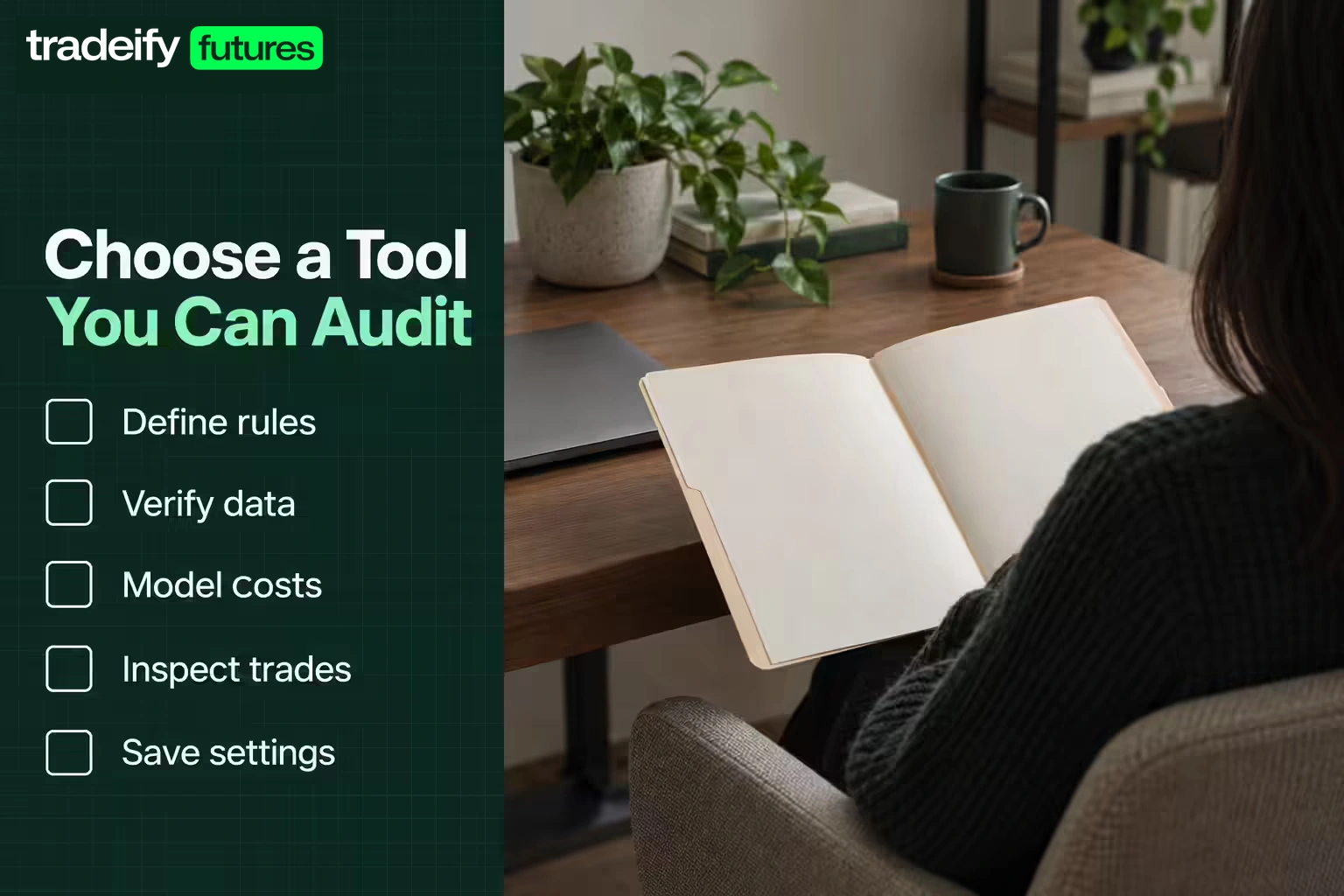 A software-selection checklist lists defining rules, verifying data, modeling costs, inspecting trades, and saving settings beside a researcher reviewing a folder.