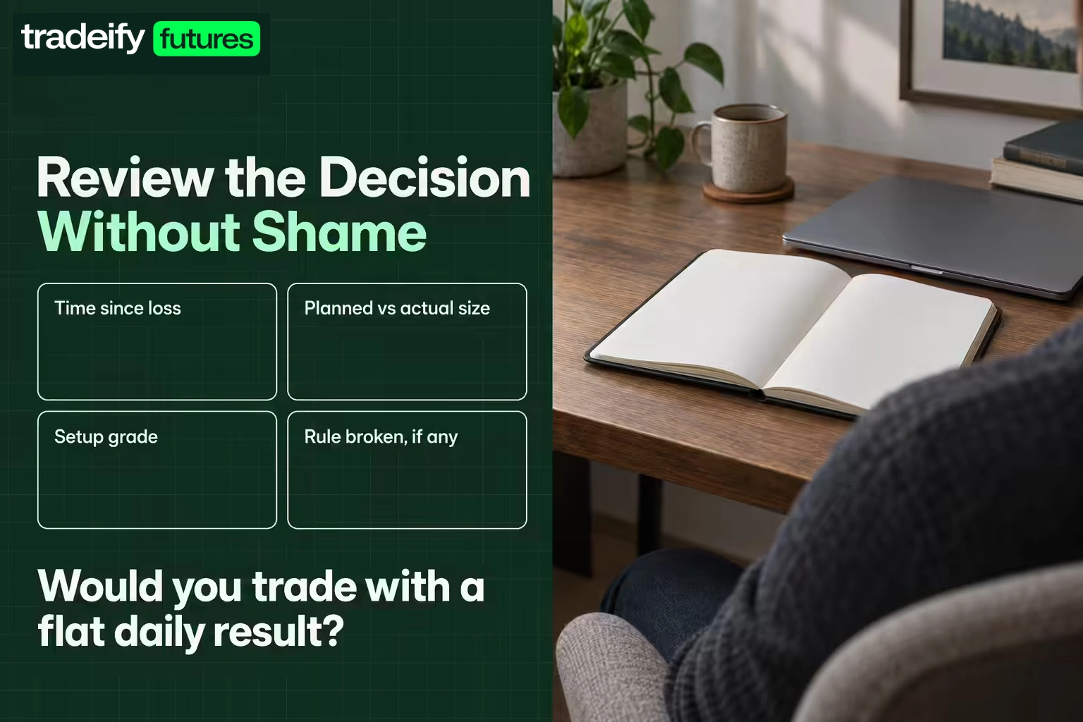 A journal-review panel lists time since loss, planned versus actual size, setup grade, and any broken rule, then asks whether the trade would have been taken with a flat daily result.