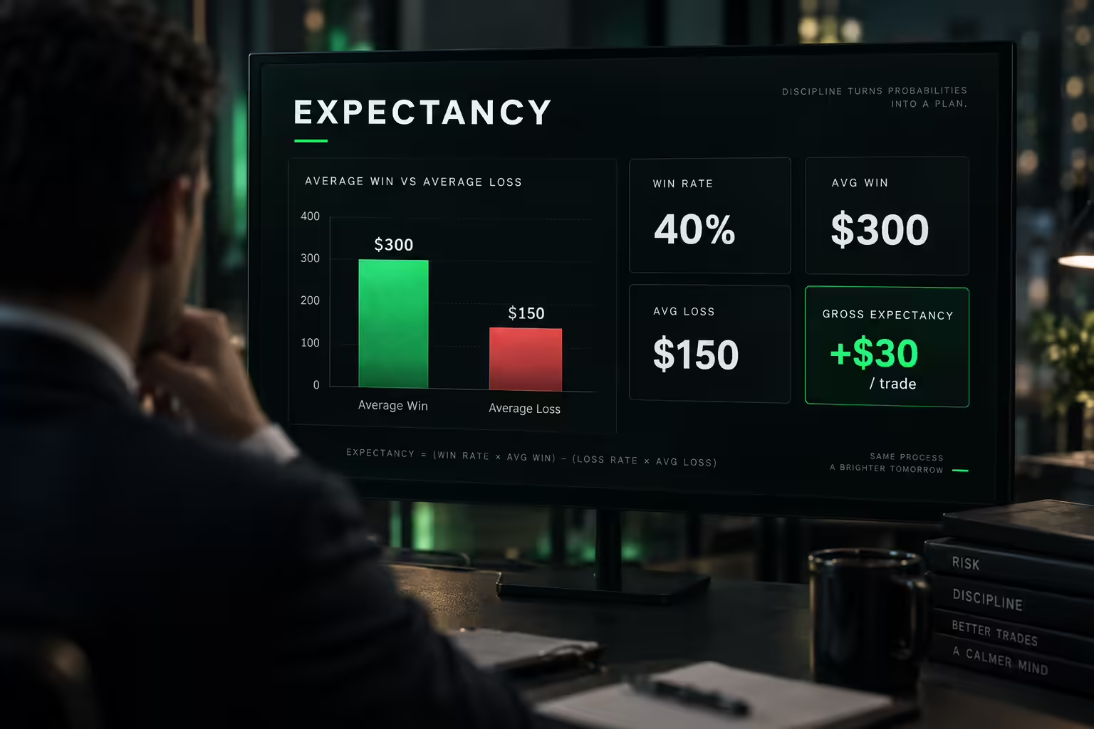 Dark trading dashboard showing expectancy math: win rate 40%, average win $300, average loss $150, and +$30 gross expectancy per trade