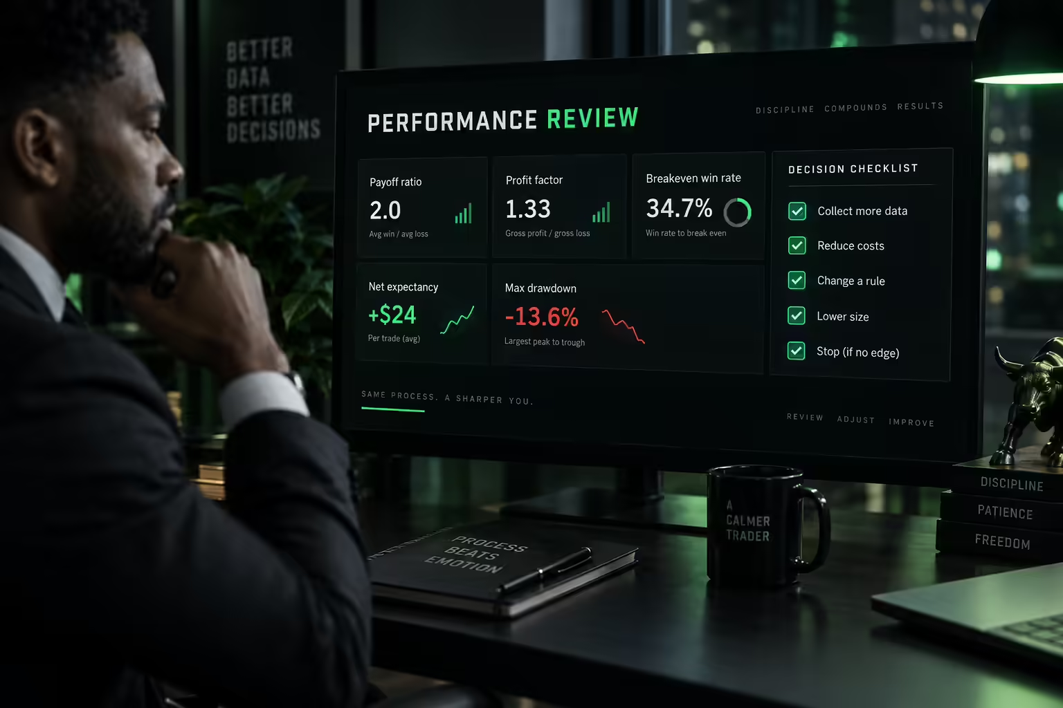 Performance review dashboard with metric cards: payoff ratio 2.0, profit factor 1.33, breakeven win rate 34.7%, net expectancy +$24, max drawdown -13.6%, and a decision checklist