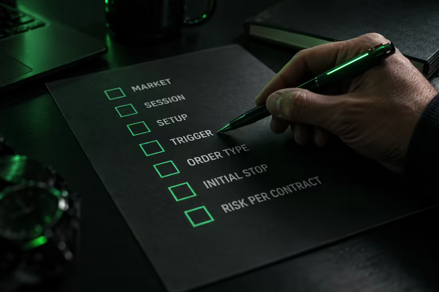 Entry rule checklist covering market, session, confirmation, trigger and order type before a futures trade