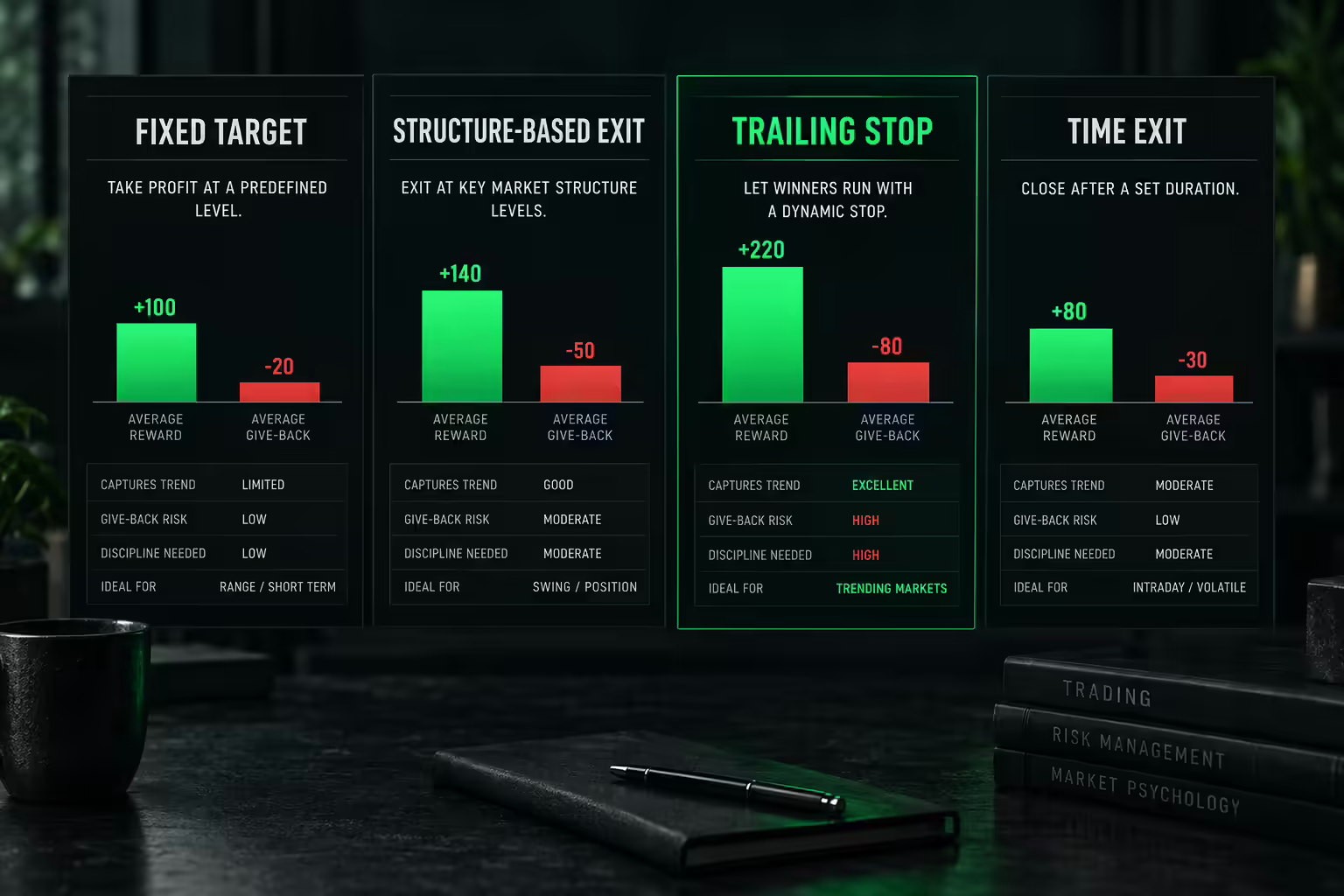 Exit method comparison panel for a futures trade: fixed target, structure-based, trailing stop and time exit