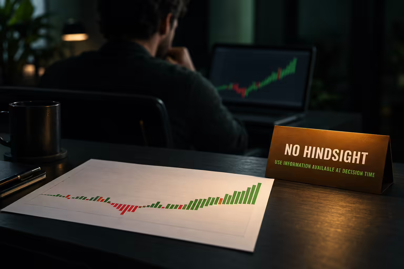 Backtest equity curve with a no-hindsight warning card for testing entry and exit rules