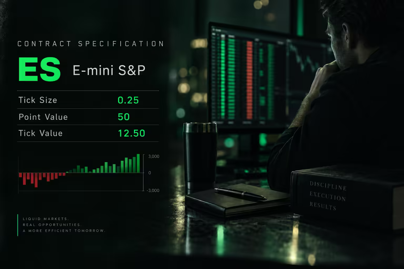 Futures contract specification panel showing tick size, point value and tick value for a five-point move, with a muted red and green bar chart on a dark trading desk.
