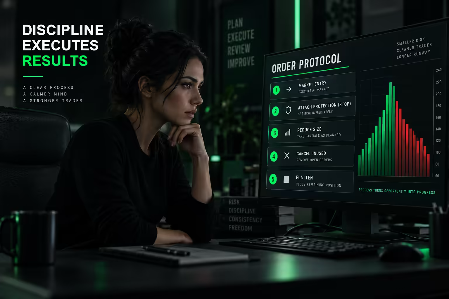 Five-step order protocol panel covering market entry, attach protection stop, reduce size, cancel unused and flatten, with a muted red and green bar chart on a dark trading desk.
