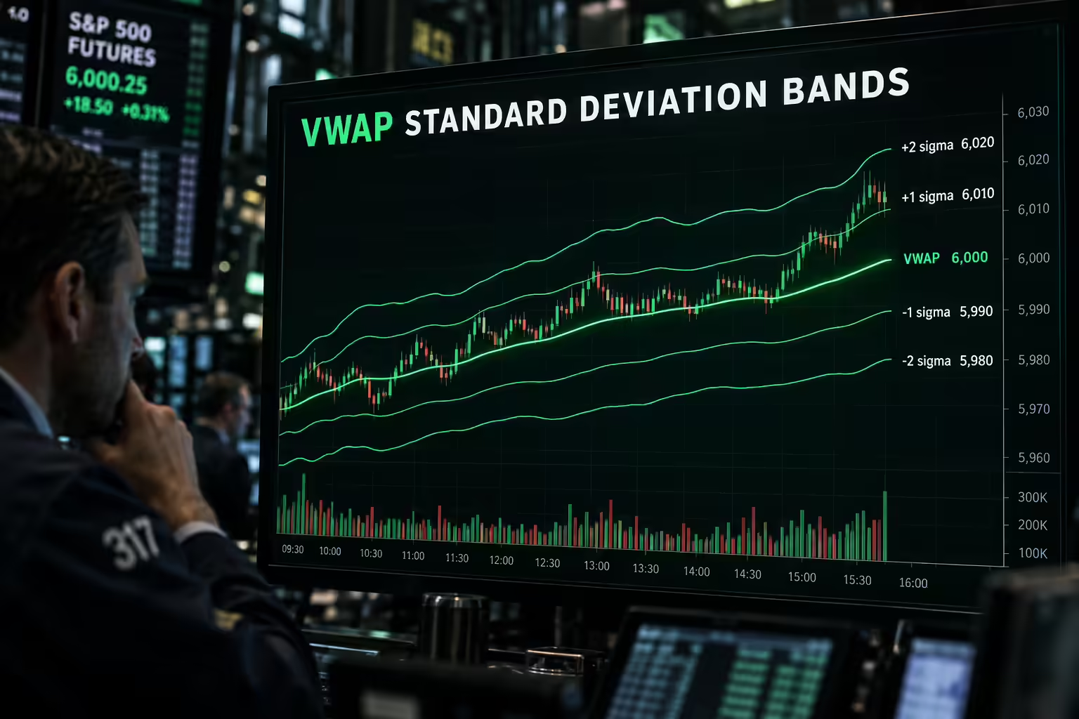 VWAP standard deviation band chart showing a center VWAP line at 6,000 with first and second deviation bands at 6,010, 6,020, 5,990 and 5,980.