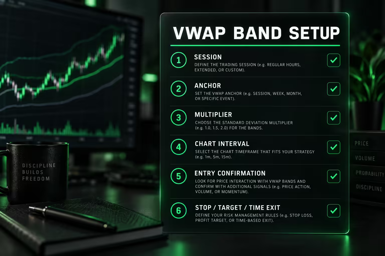 VWAP band setup checklist panel listing session, anchor, multiplier, chart interval, entry confirmation, and stop, target and time exit steps.