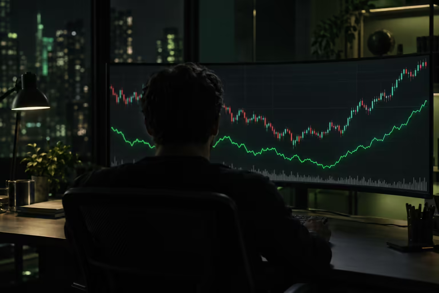 A trader silhouetted at a dark desk with a monitor showing a candlestick price chart overlaid with a bright green surprise-index line.