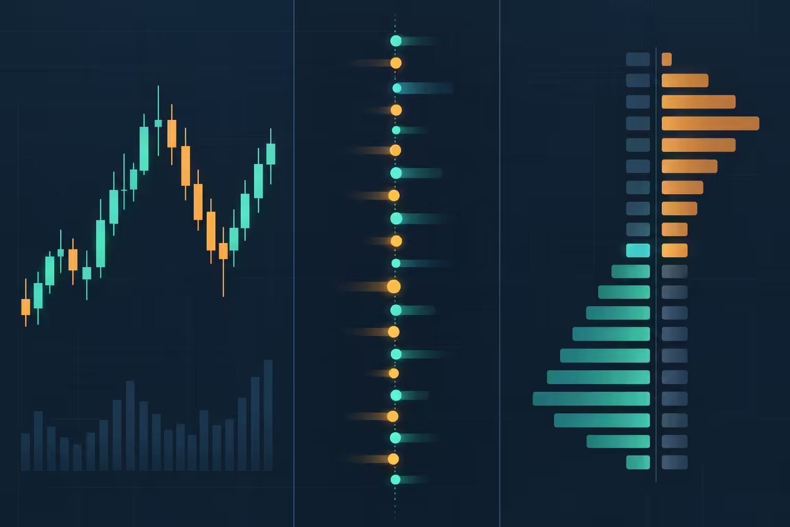 Side-by-side illustration comparing bar, tick, and quote trading data types for a backtest explainer.