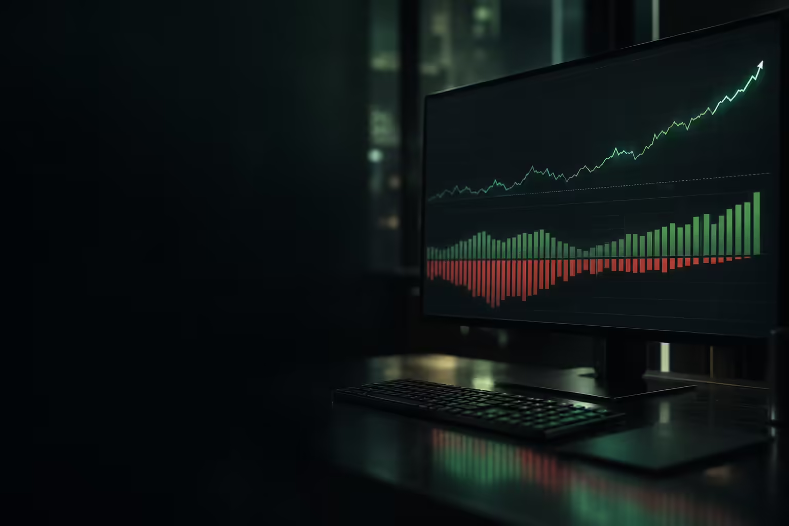 Dark COT chart with a rising net-position line and separate long and short bars on a trader monitor.