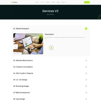 Website Services page showing a Market Research section with an image of a person analyzing charts on a laptop, and a list of other services such as Website Maintenance, Creative Consultation, and SEO Audits.
