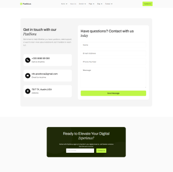 Contact page with company info including phone, email, address, and a contact form with fields for name, email, phone number, and message, plus a submit button.