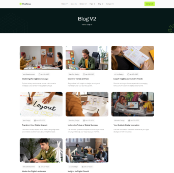 Website blog page titled Blog V2 featuring articles on digital marketing, trend discovery, expert insights, strategy transformation, future of digital business, and innovation with images of people working and digital layouts.