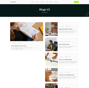 Blog page layout with featured article image of a person reviewing charts and graphs, and a list of recent blog posts with thumbnails and titles.