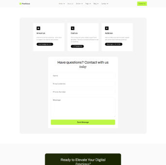 Contact section with Email Us, Call Us, and Address information boxes above a contact form with fields for name, email, phone number, message, and a Send Message button.