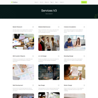 Website services page showing sections for Market Research, Website Maintenance, Creative Consultation, SEO Audits & Reports, UI/UX Design, Branding Design, Web Development, App Design, and Motion Design with representative images.