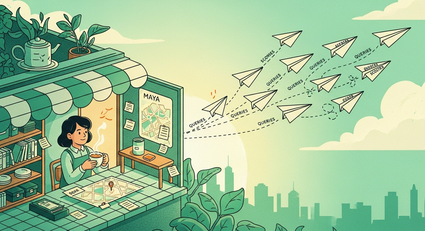 Maya at her tea shop as ten paper-airplane ‘scouts’ fan out across the sky