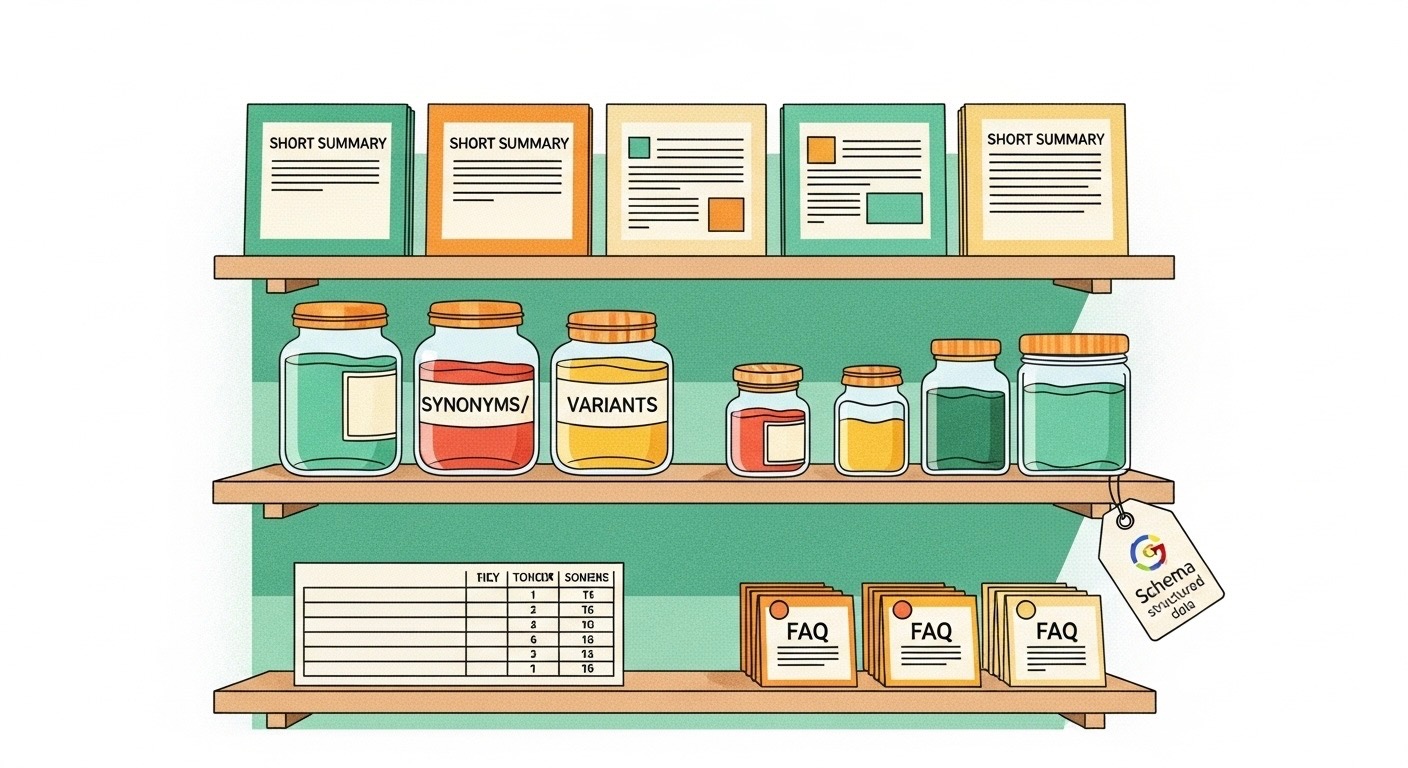 Tidy content ‘shelves’ for summaries, synonyms, tables, and FAQs.