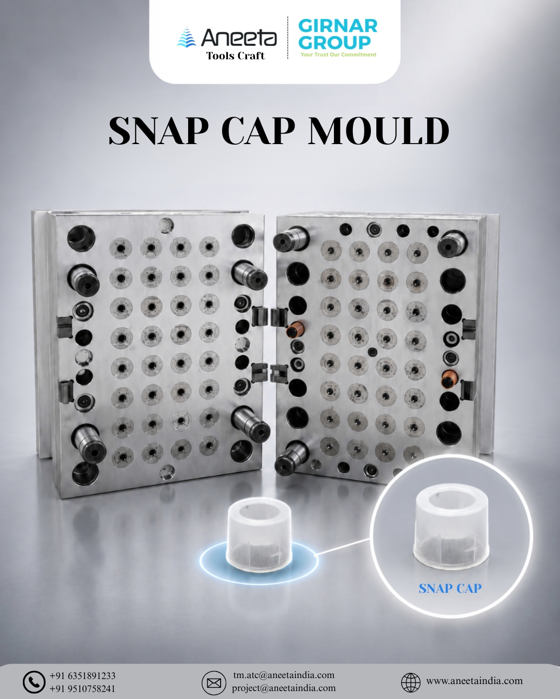 Snap cap mould manufacturer India — high-cavity precision injection mould for pharmaceutical and cosmetic closures | Aneeta Tools Craft