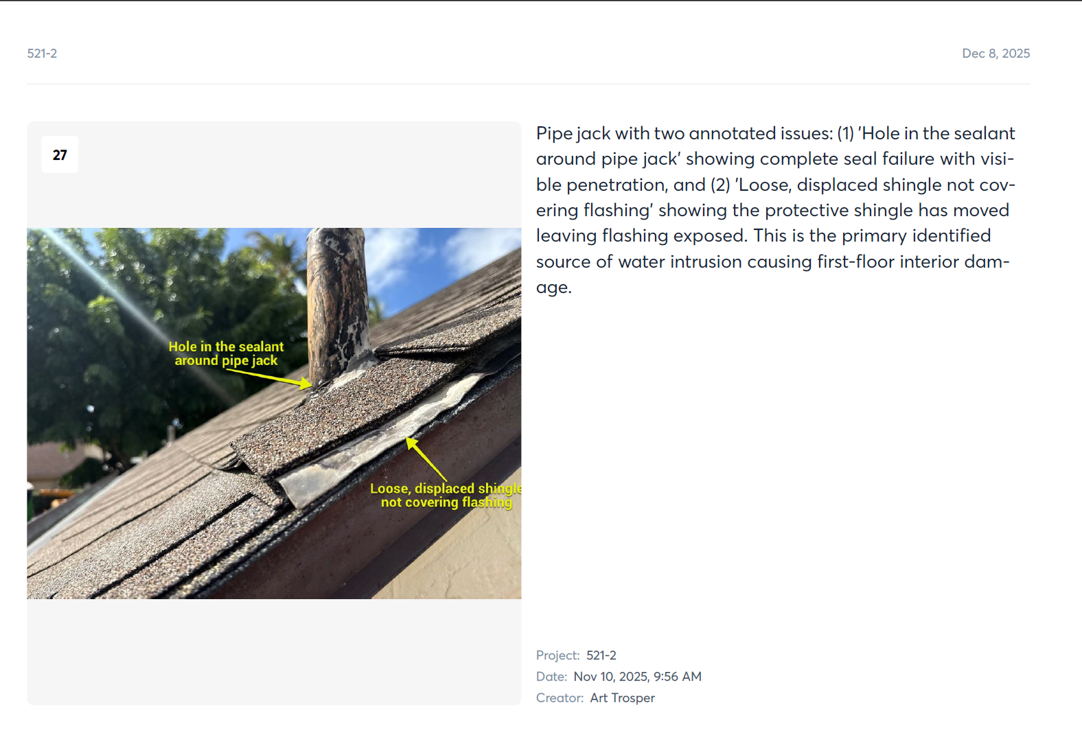 Detailed roof inspection documentation