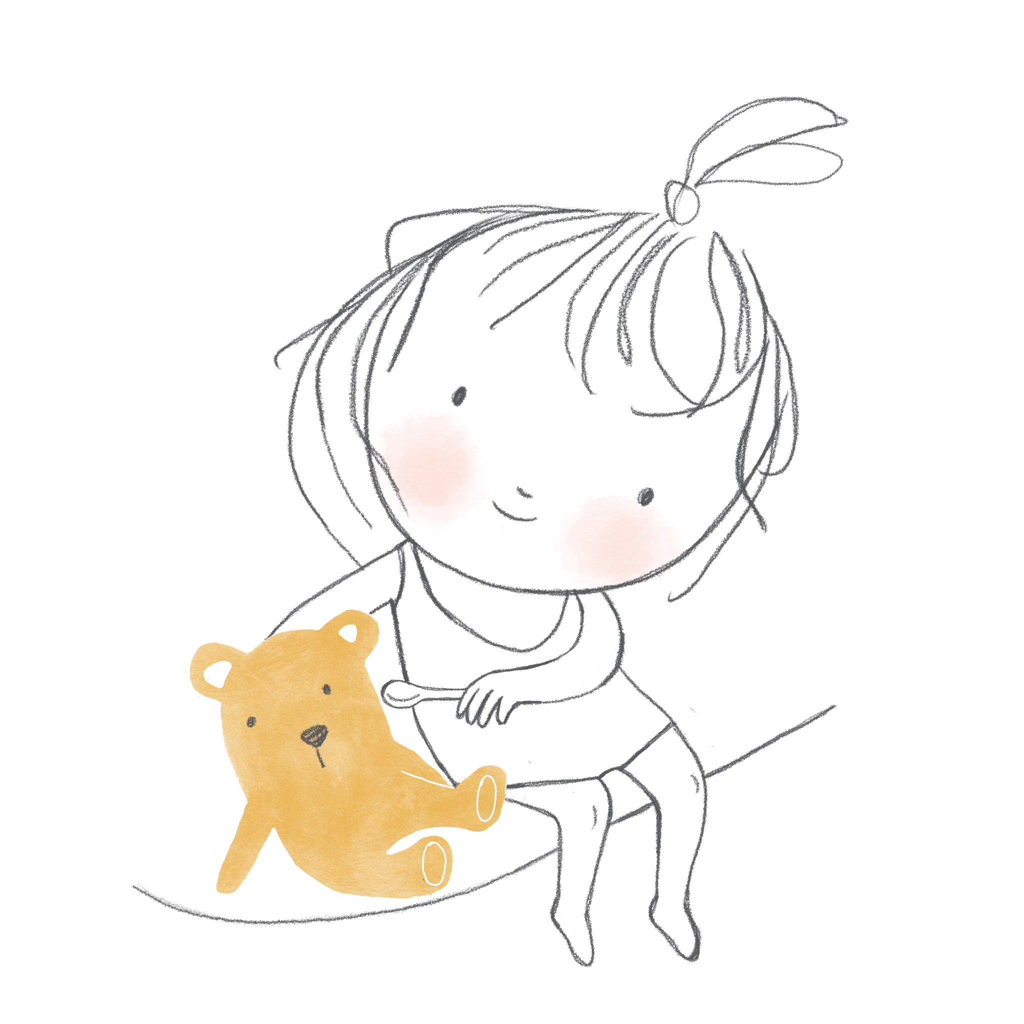 Kreslená ilustrace usmívajícího se děvčátka s culíkem, které sedí a krmí lžičkou malého hnědého plyšového medvídka.