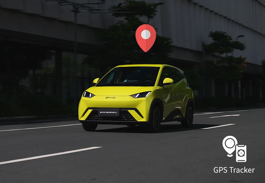 BYD Seagull EV driving on city road with GPS tracking icon, highlighting real-time location safety features