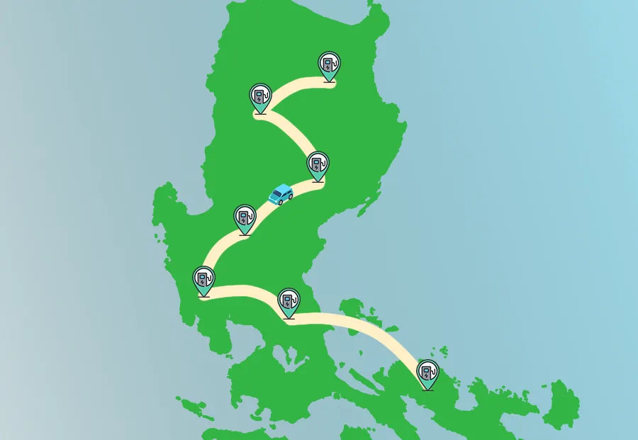 Illustrated EV charging network map across the Philippines, showing expanded infrastructure under EVIDA Law (RA 11697)