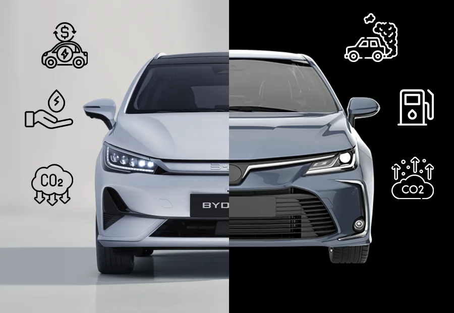 Side-by-side comparison of BYD electric vehicle and traditional gas-powered car, showing fuel savings and carbon emission differences
