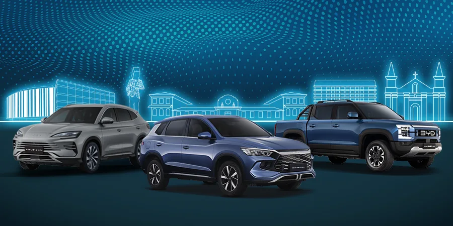 BYD cars lineup featuring SUVs and pickup truck showcased for the BYD Tech Tour 2025 at SM Megamall, Philippines.