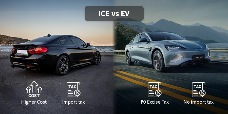Side-by-side comparison of internal combustion car and BYD Seal EV with tax icons, showing higher taxes for gas cars versus excise tax and import tax exemptions for electric vehicles in the Philippines