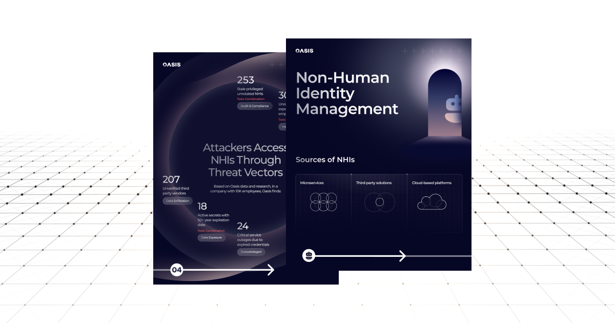 Infographic on Non-Human Identity Management solutions and strategies by Oasis Security for enhanced cybersecurity.