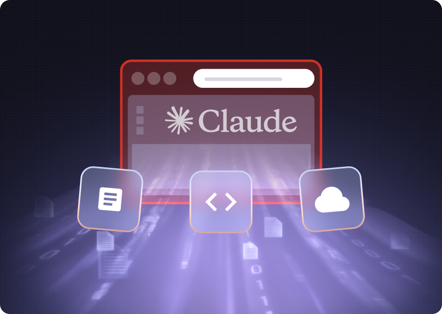 Browser window showing Claude AI interface with document, code, and cloud icons representing the three chained vulnerabilities in the Claudy Day attack.