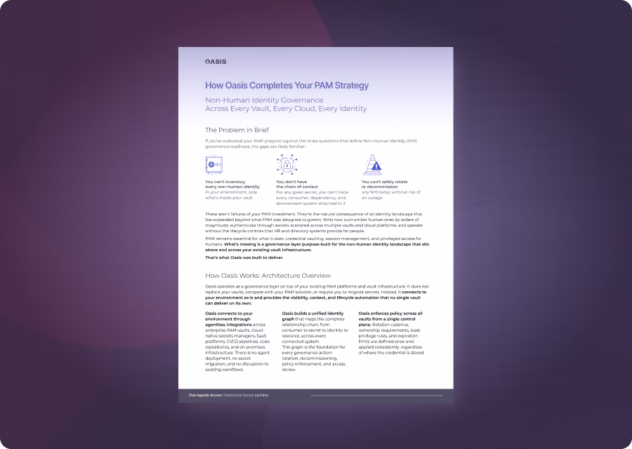 Cover page of the Oasis white paper "How Oasis Completes Your PAM Strategy: Non-Human Identity Governance Across Every Vault, Every Cloud, Every Identity