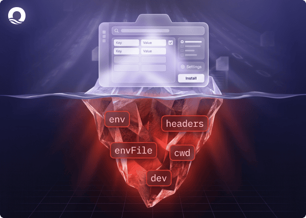 Iceberg diagram showing VS Code MCP install dialog above water with hidden fields env, envFile, headers, cwd, and dev concealed below the surface