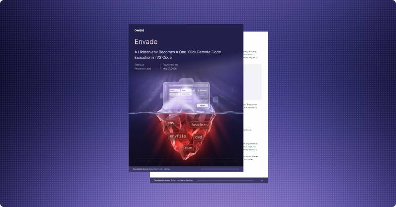 Oasis Security technical report cover graphic with abstract circuit-board design in purple