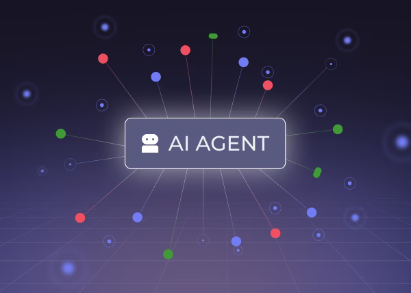 AI agent at the center of a network connected to many systems, representing an AI agent's own identity and standing access across an enterprise