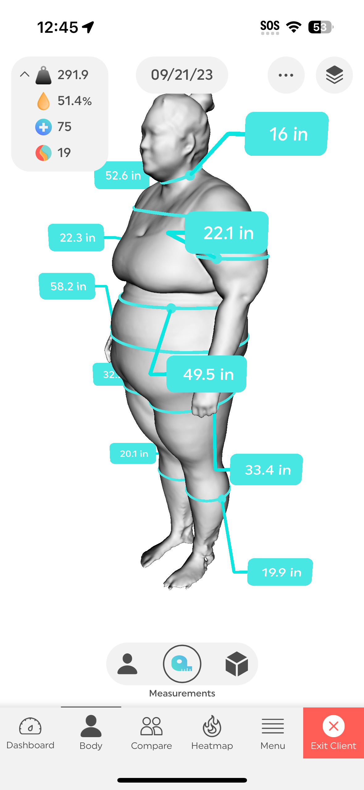 ShapeScale girth overlay on the iPhone, neck through calves including chest