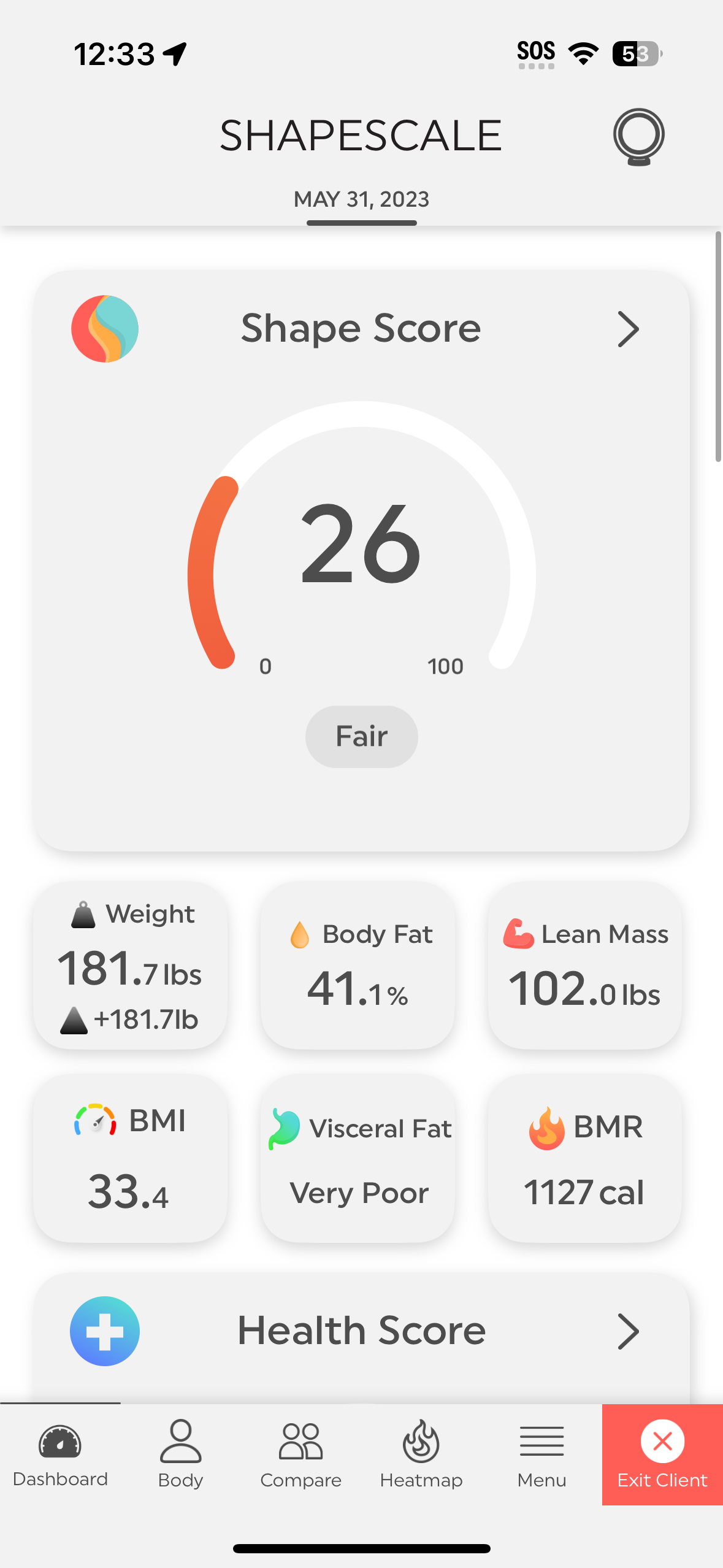 ShapeScale dashboard on the iPhone with Shape Score, composition tiles, and Exit Client