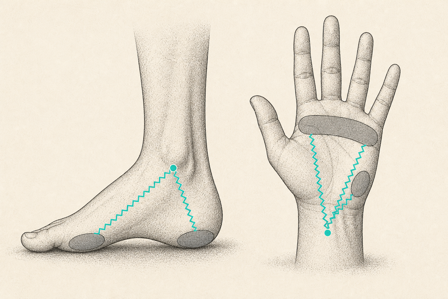 Hand and foot electrode points for multi-frequency BIA.