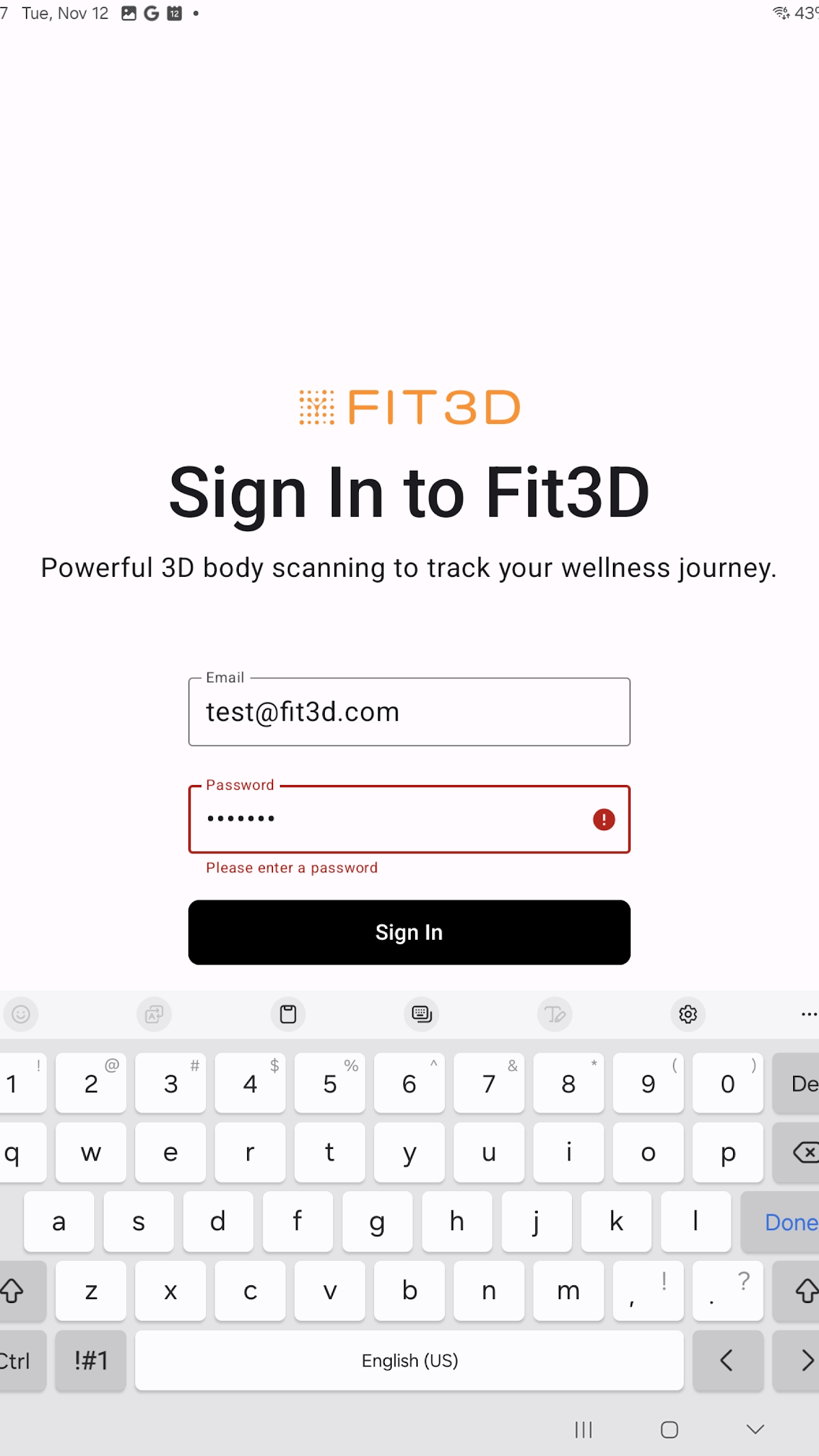 Official Fit3D SNAP sign-in UI on a tablet