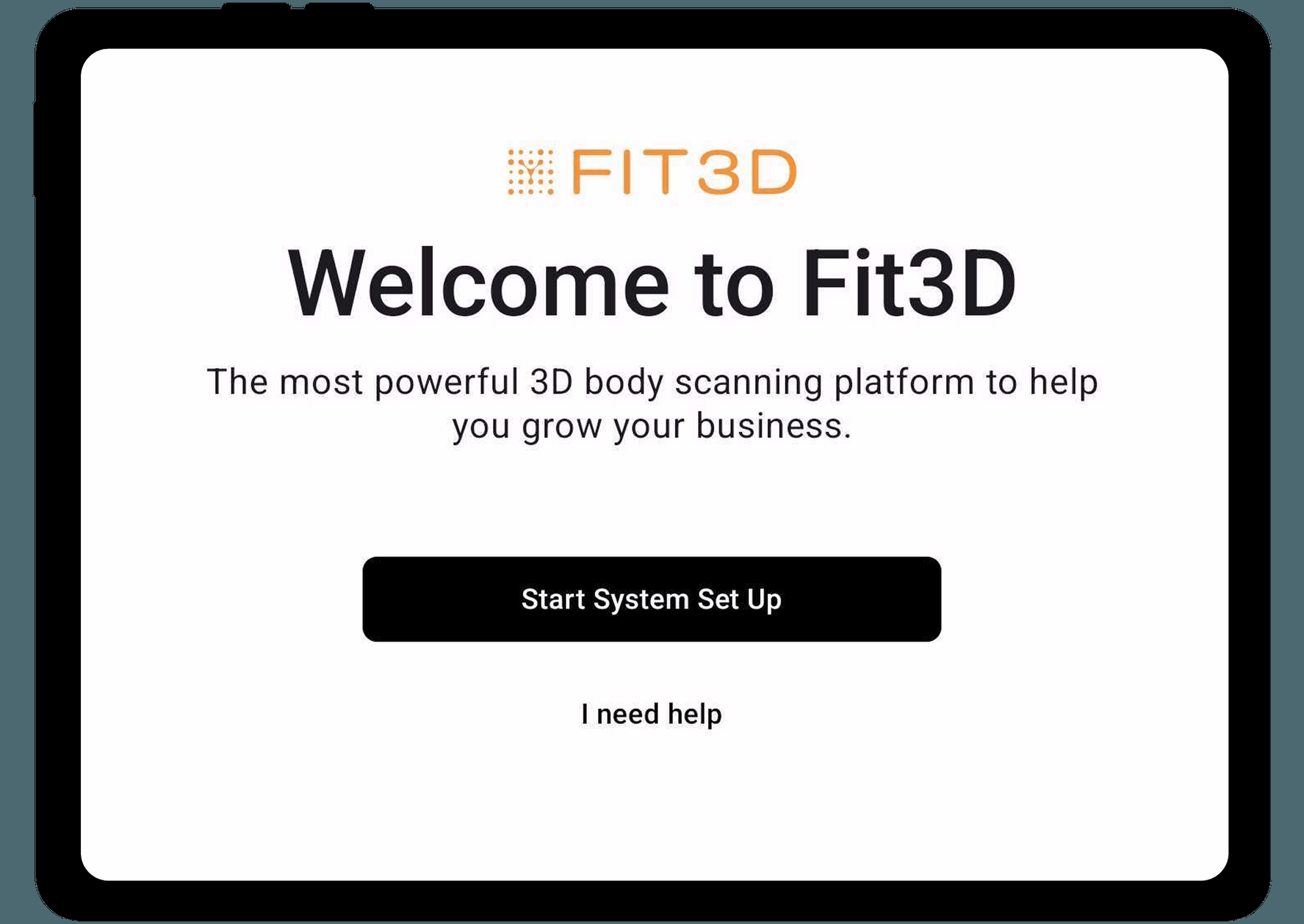 Official Fit3D SNAP welcome UI on a tablet