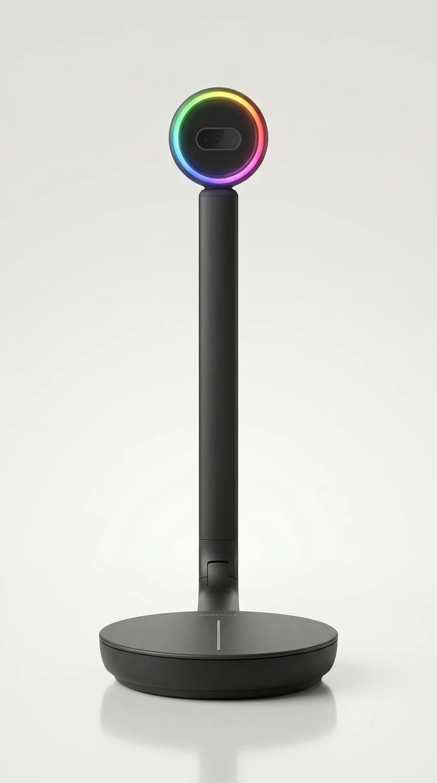 ShapeScale scanner, studio photo: round base, upright arm, and sensor head with a rainbow light ring.