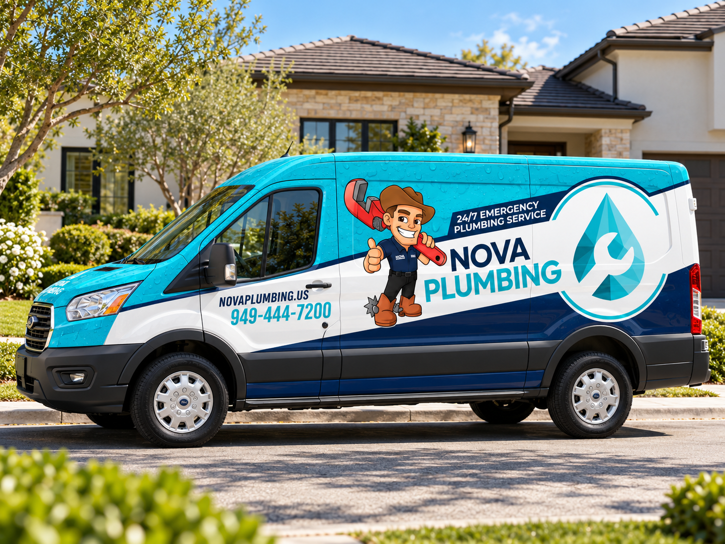 Nova Plumbing service van parked in front of an Orange County home