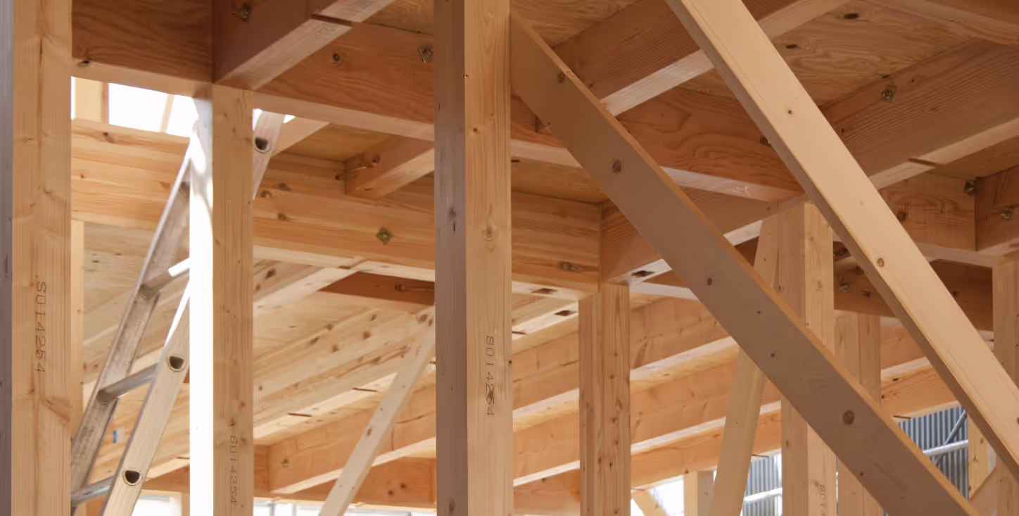 Detailaufnahme einer Holzrahmenbau-Konstruktion im Rohbau – sichtbare Balken und Träger bei natürlichem Lichteinfall.