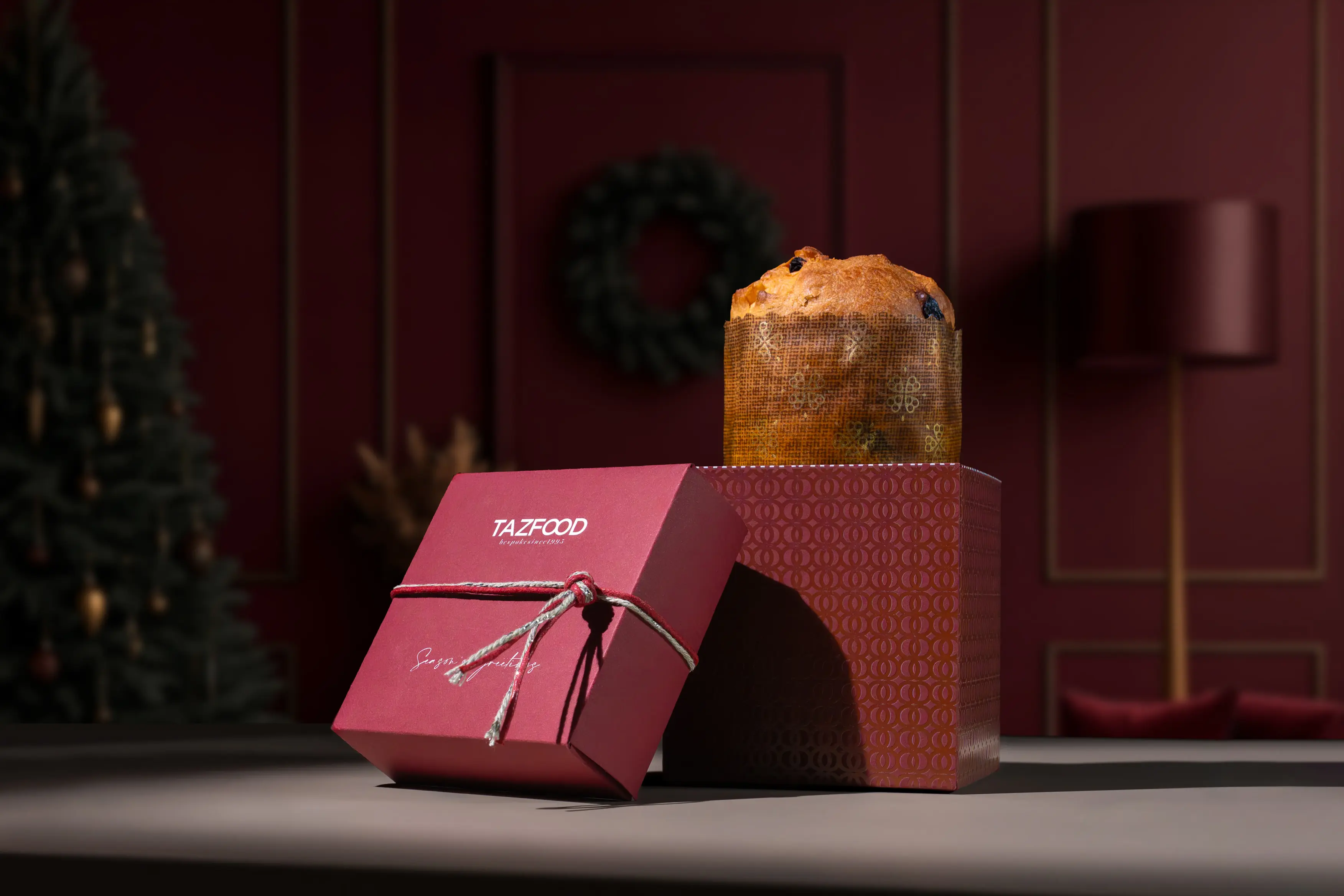 Red Christmas Gift box with panettone inside from the Christmas collection