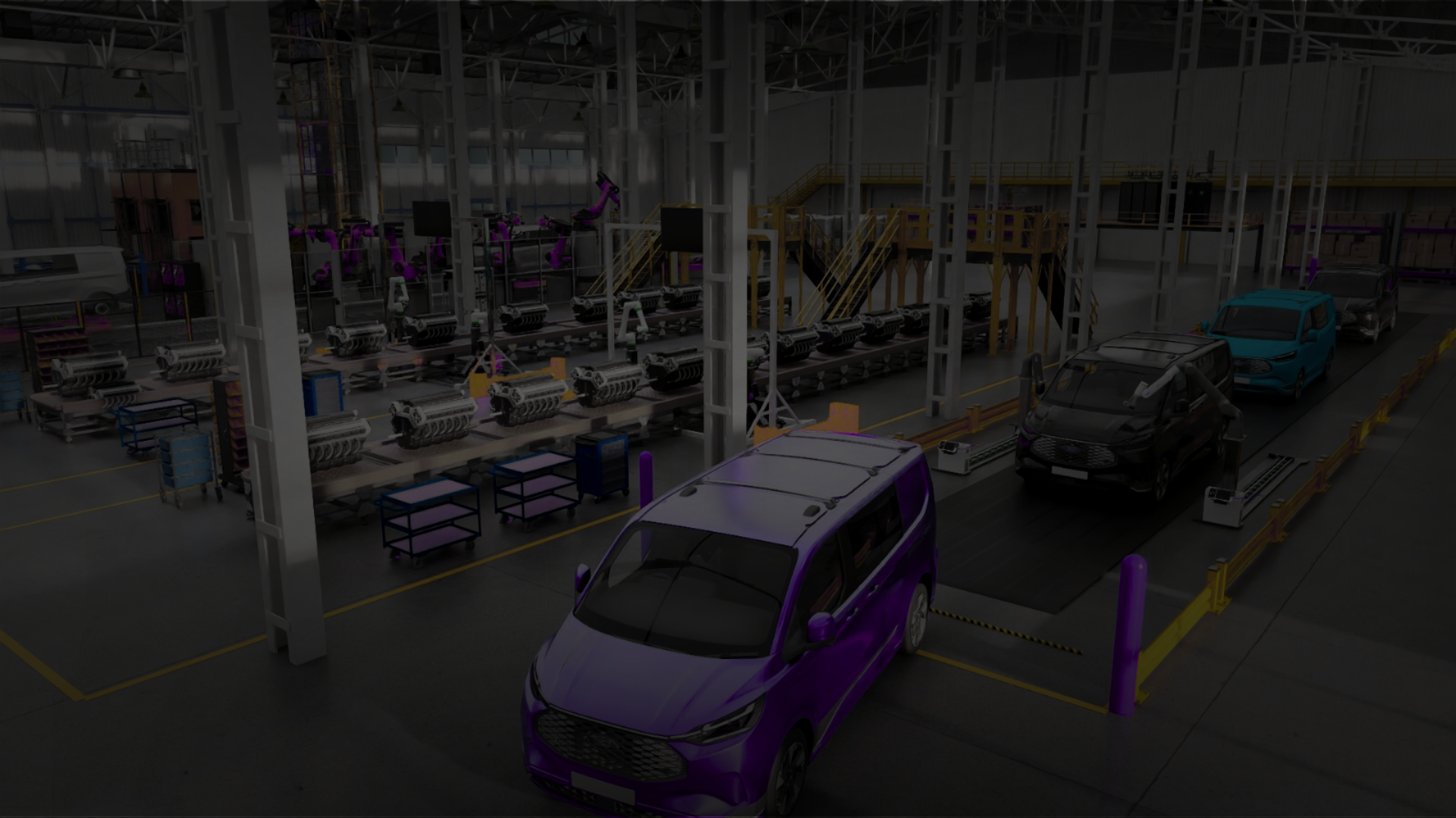 Modern automotive manufacturing facility with multiple assembly lines and robotic arms in the background. Three colored vehicles—a purple van, a black SUV, and a blue vehicle—are positioned on parallel lanes, likely in a final inspection or quality check area. The factory is well-lit with industrial infrastructure and equipment visible throughout the space.